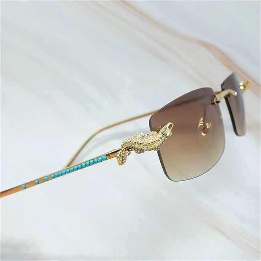 48% de réduction sur le luxe Golden Corcodile Rimless Carter Grasses Cadre Rignestone Sunglass Women Blue Brand Designer Menkajia Nouveau