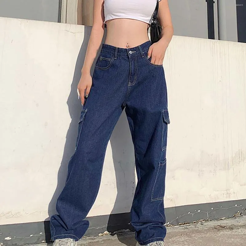 Calças Femininas Calças Femininas Streetwear Cargo Fashion Baggy Hip Hop Joggers Calças de Moletom Casual Soltas Cintura Alta Calças de Perna Larga Jeans Azuis