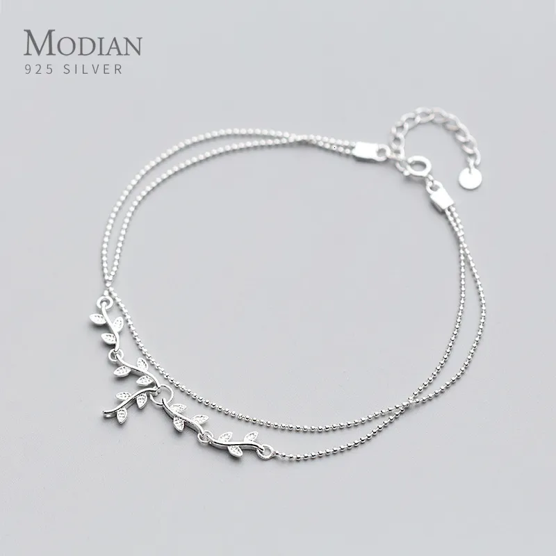 Anklets Modian Fashion Sterling Silver 925 Plant Anklet for Women Tree Branch Leaves Tiny Ball Simple Anklet Fine Jewelry 230715
