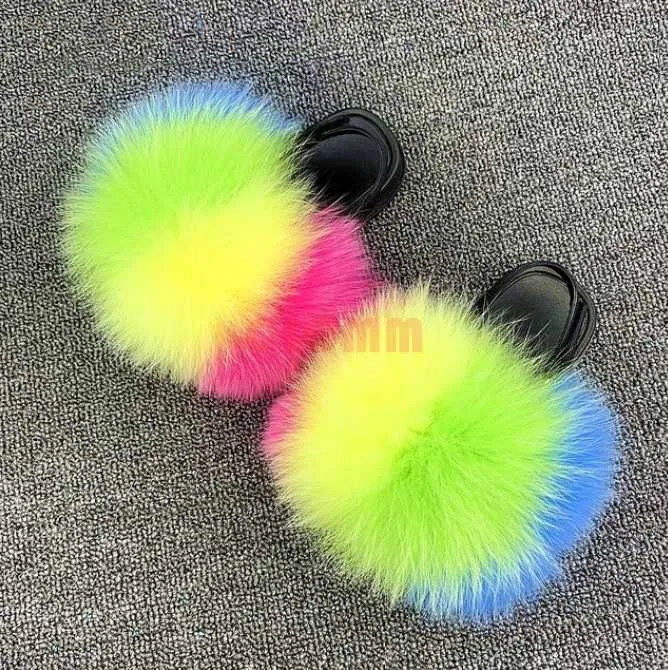 Slippers 2020 Summer Kids Fur Slippers Fluffy Raccoon Fur Slides Furry Real Fox Fur Flip Flops Flat Children Rainbow Shoes Fur Sandals L230717