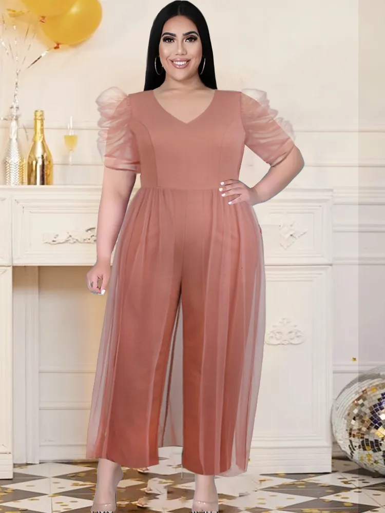 Combinaisons femme grande taille barboteuses combinaison moulante femmes col en V manches courtes taille haute pantalon jambe large salopette 4XL 5XL bureau soirée body 230715