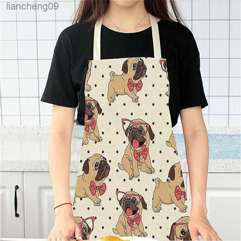 Katoen Linnen BullDog Hond Print Keuken Schorten Unisex Party Koken Bib Grappige Overgooier Schoonmaken Schort Delantal Cocina Delantal L230620