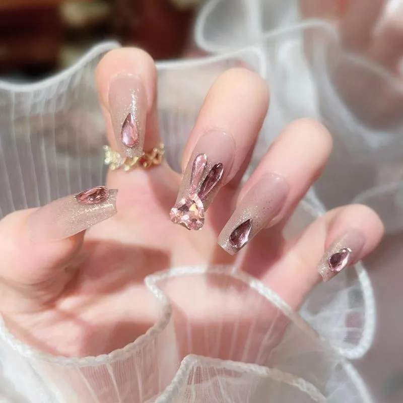 False Nails 24pcs/box Pink Rhinestones Fake With Designs Acrylic Nail Kits Long Coffin Ballet Press On Fashion Tips