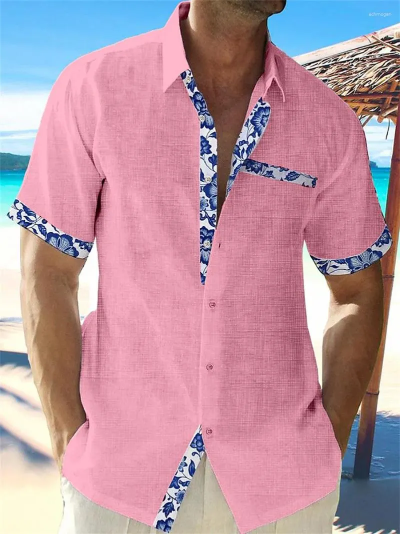 남자 캐주얼 셔츠 2023 여름 패션 하와이 린넨 셔츠 프린트 비치 주머니 짧은 소매 5 색.
