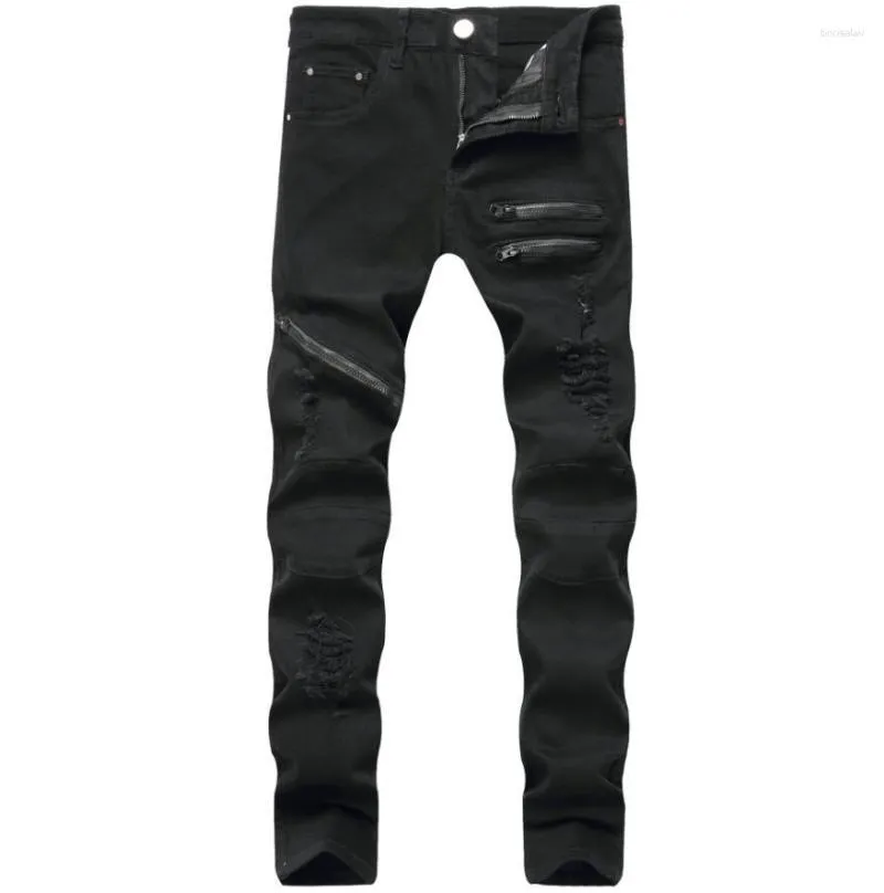 Jeans pour hommes poche zippée hommes décontracté maigre mâle mode Stretch déchiré Jean pantalon noir rouge blanc Streetwear hommes Denim pantalon