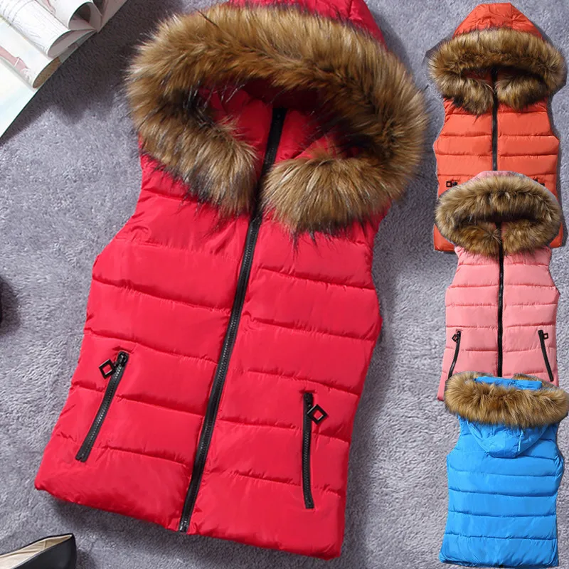 Lu Kobiet Kobiet Autumn Winter Jacket Vest z kapturem futrzany kołnierzyka