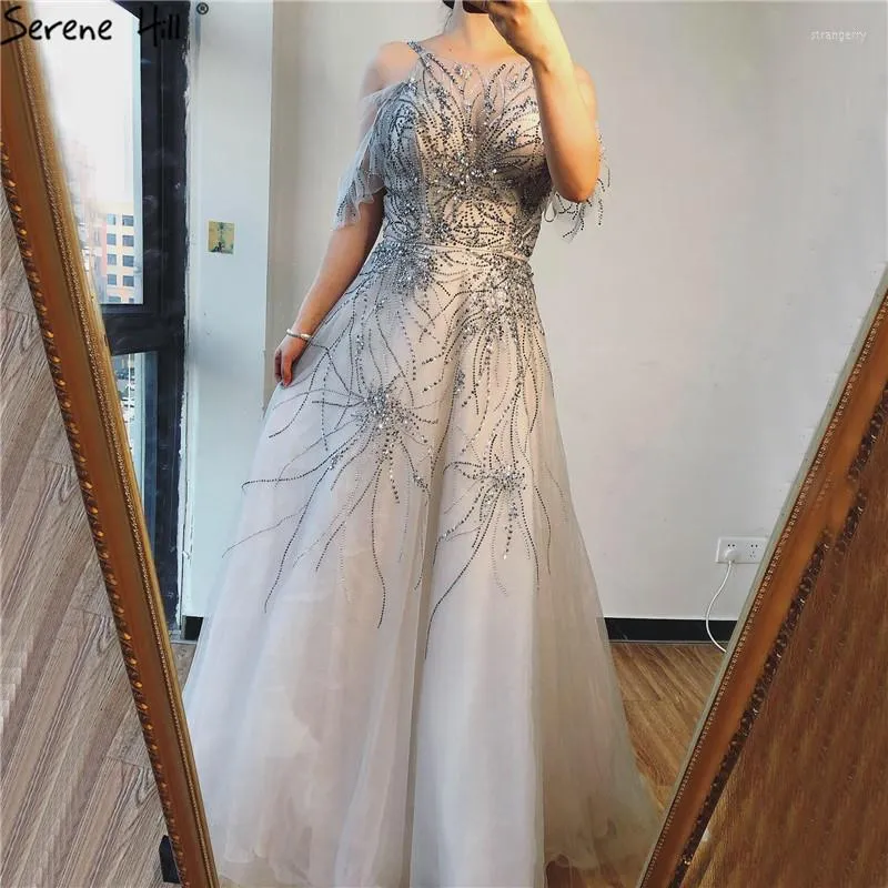 Party Dresses Real Po Silver A-Line Sexy Evening 2023 Dubai Sleeveless Crystal Gowns Serene Hill LA70172