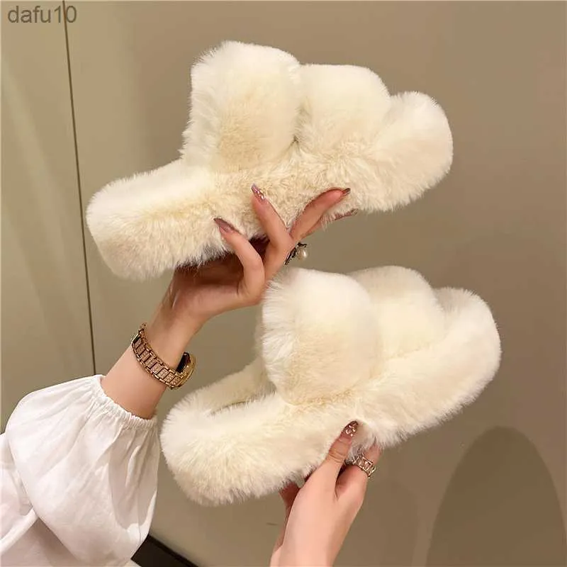 Ny Winter Open Toe Slipper Fashion Päls Tjock Sole Flats hälen Ladies Casual Slip On Bedroom Shoes Soft Outdoor Slides Shoes L230704