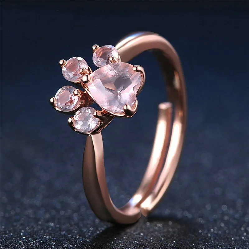 Women's Rosegold Plated Cute Cat Paw Shape Inlaid AAA Zircon Open Style Ring Adjustable Fashion Jewelry Gifts R0298