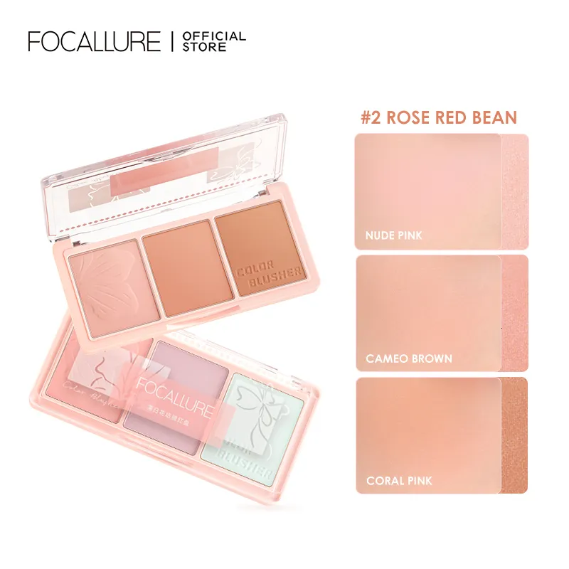 Blush FOCALLURE 3 Cores Paleta Brilhante Pó Leve de Alta Pigmentação Longa Duração Fácil de Misturar Maquiagem Facial Cosméticos 230617