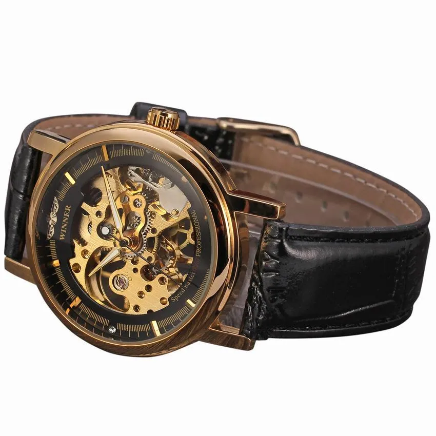 Победитель курток смотрит на женщины Механические часы Top Brand Golden Skeleton Кожаный ремешок элегантные женские ручные часы на ручные часы