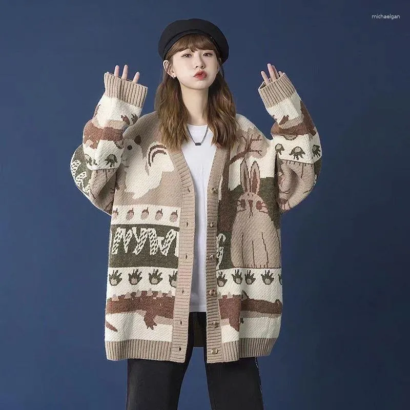 Kvinnors stickor Cardigan tröja jacka 2023 Höst/vinterkrokodiler djurmönster Retro Loose Lazy Knit Sweaters