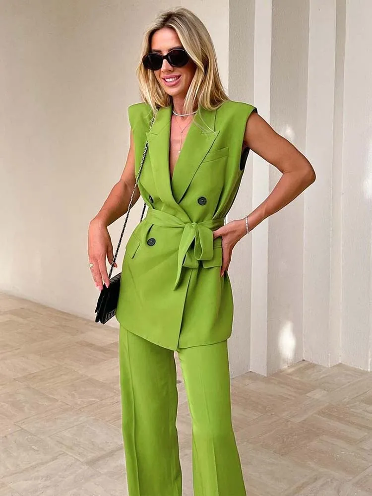 KONDALA Casual Chic Yellow Satin Women Suits V Neck Buttons Vest High Waist Wide Leg Pants Fashion 2025 Summer Holiday Suits main image 0