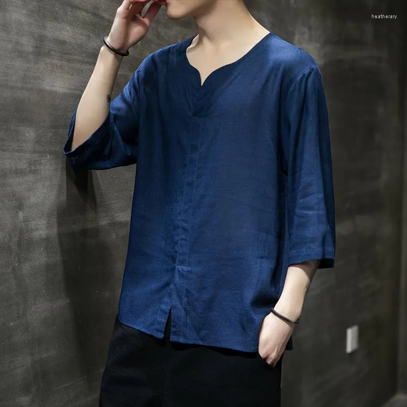 Etniska kläder stor storlek kinesisk stil bomullslinne t-shirt lös bekväm sommar 2023 orientalisk dräkt mens blue svart tee