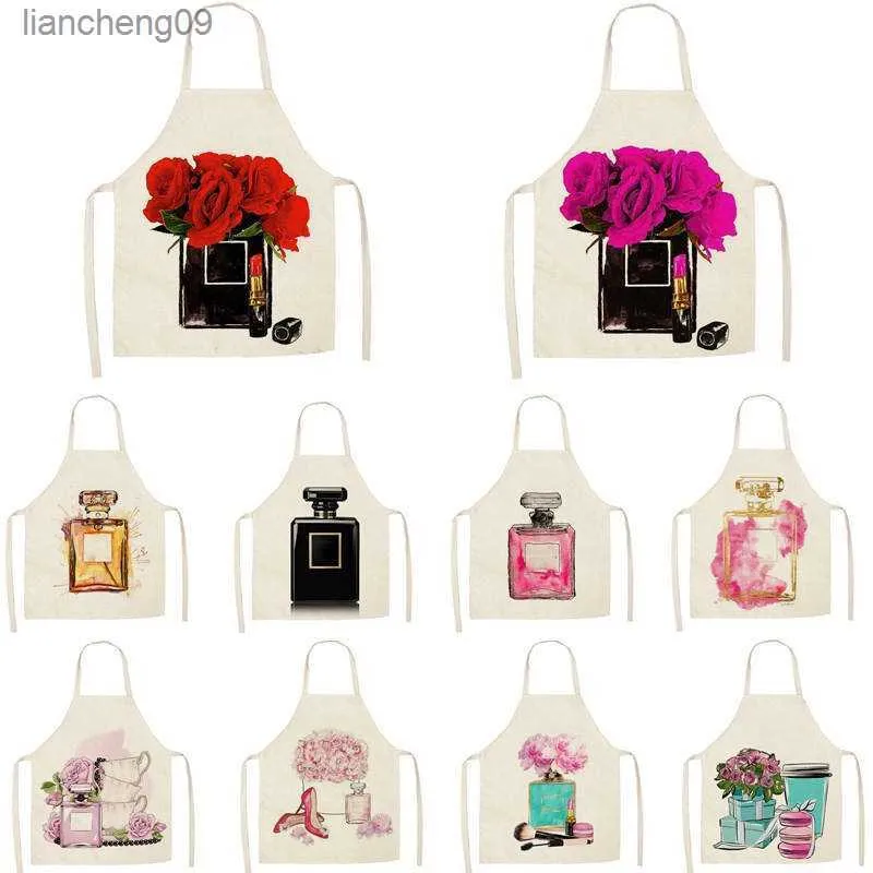 Linen New Hand Painted Flower Perfume Bottles Print Kitchen Aprons Unisex Dinner Party Cooking Bib Funny Pinafore Apron WQTF13 L230620