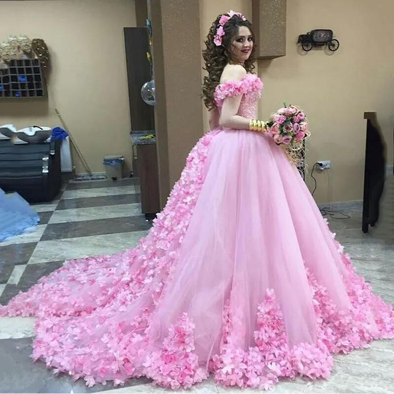 Розовое мячное платье Quinceanera платья с плеча 3d цветы Pufpy Sweet 15 16 Платье знаменитостей.