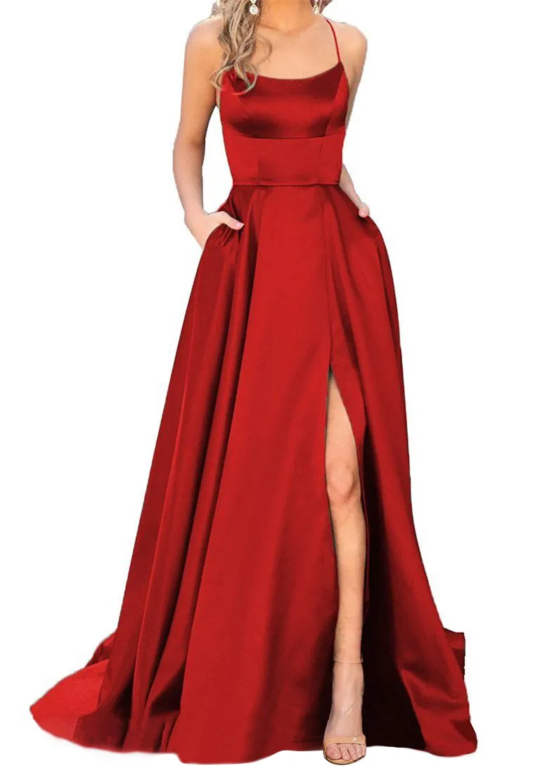 Elegant Long Halter Satin Prom Dresses With Slit A-Line Criss Cross Back Sweep Train Formal Prom Party Gown Galadress Vestidos Women Dresses With Pockets