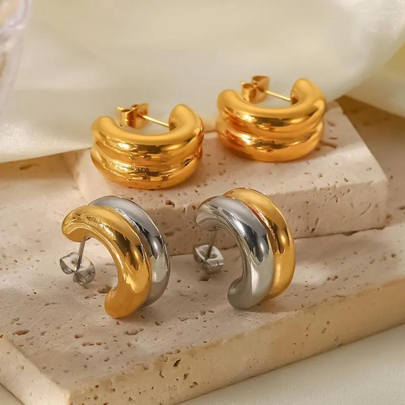 Brincos de argola românticos franceses em forma de C minimalistas em aço inoxidável à prova d'água com fivela de orelha grossa noiva joias de casamento presentes bijoux
