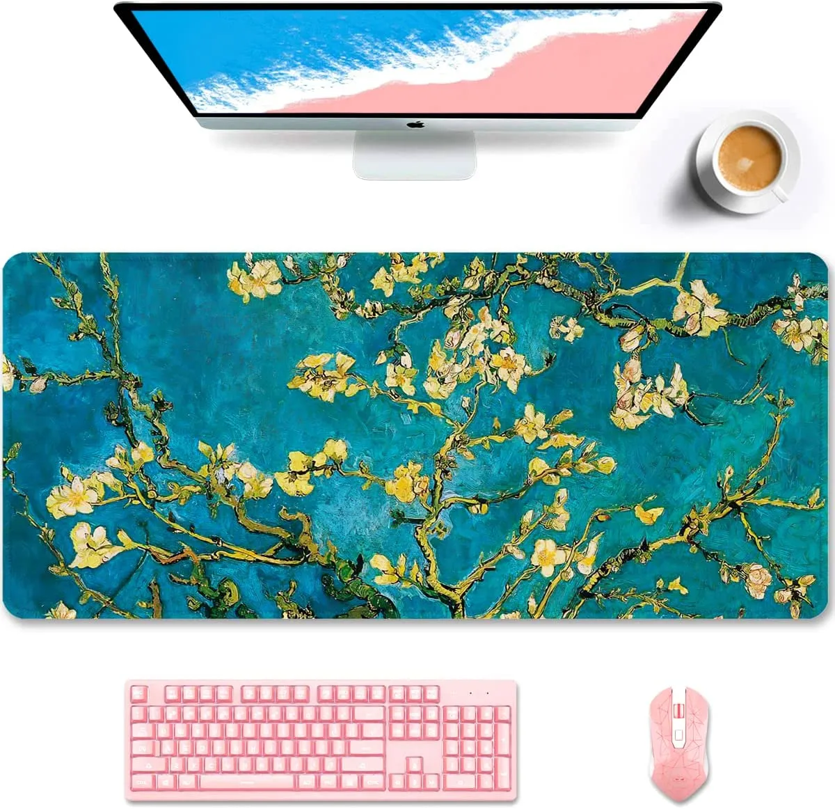 Teal Van Gogh Almond Tree XXL Large Mouse Pad Extended Gaming Mousepad Big Office Home Mouse Pad for Computer Keyboard Laptop