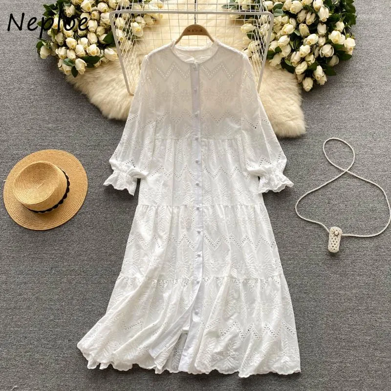 Casual Dresses Neploe Japanese Sweet O-neck Lace Dress For Women Summer Sexy Hollow Out Long Sleeve Mid-length A-line Vestidos Mujer