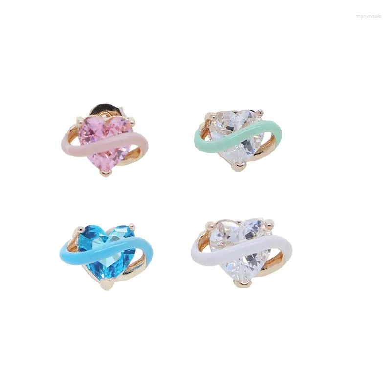 Boucles d'oreilles à tige 4 couleurs coeur géométrique 5A zircon cubique Pastel émail Wrap Line 2023 Unique Mini belle fille boucle d'oreille