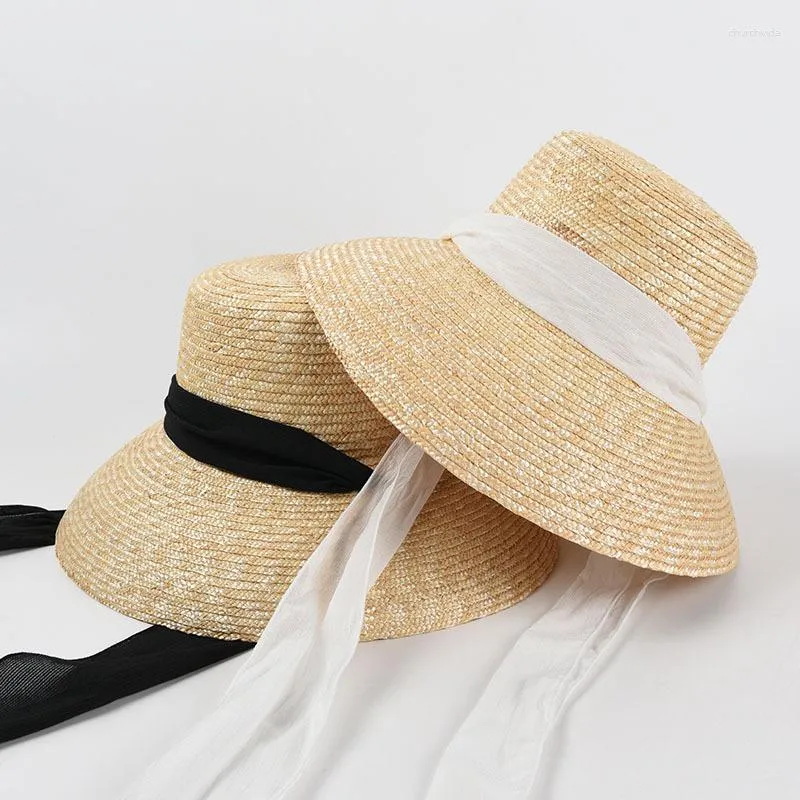 Chapeaux à large bord forme de lampe femmes été grand chapeau de paille disquette noir blanc ruban dentelle cravate soleil Anti-UV plage casquettes Cape