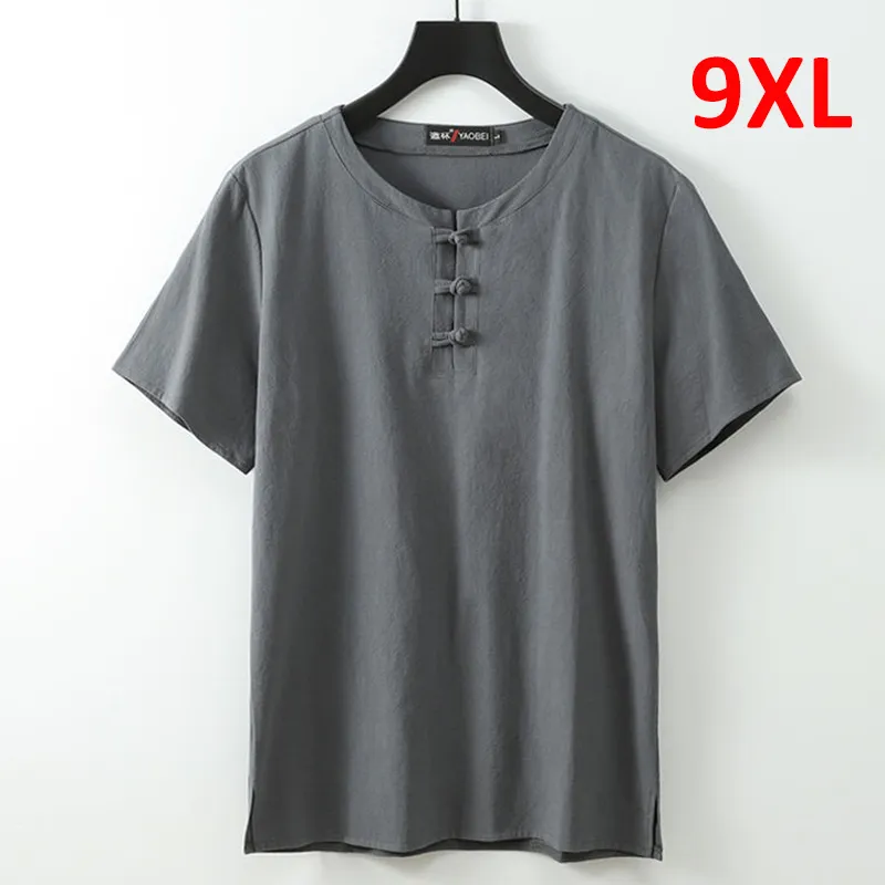 Été lin T-shirt hommes couleur unie T-shirt mode décontracté lin t-shirts hauts mâle Style chinois boutons t-shirts grande taille 8XL 9XL