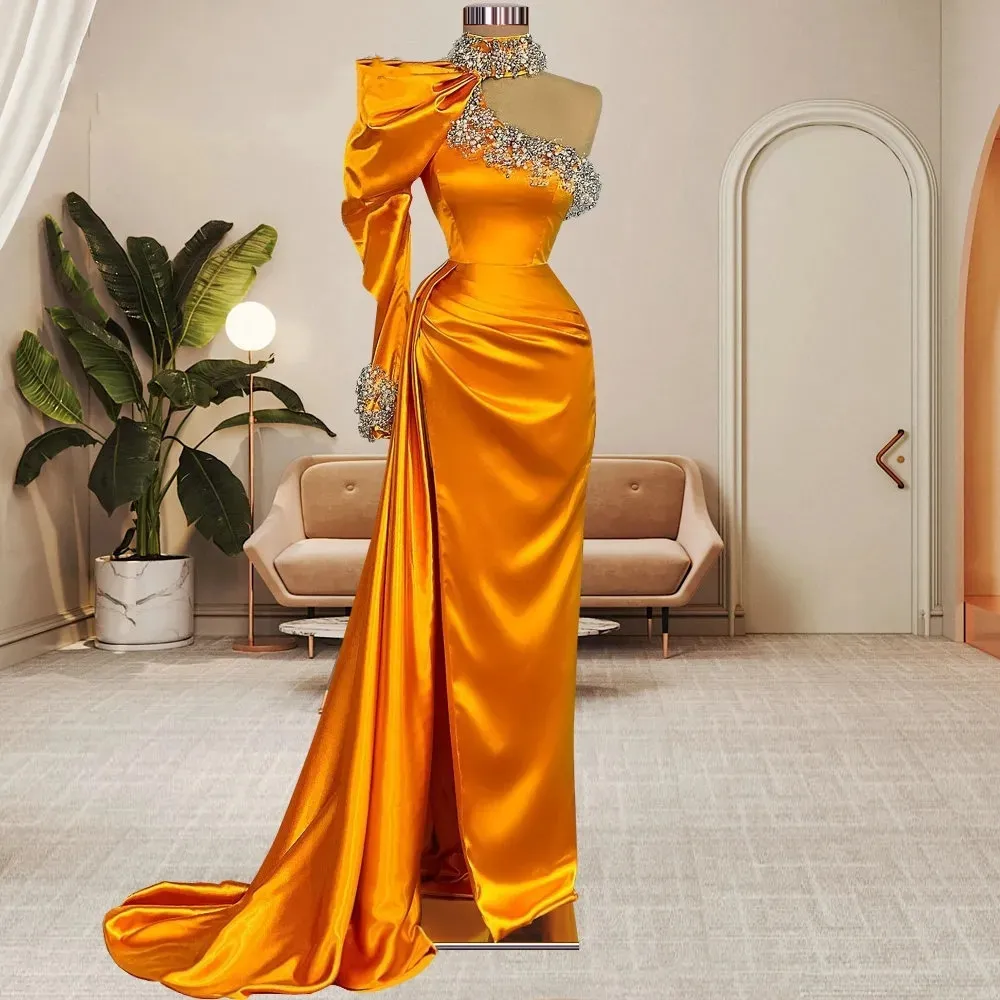 Dubai Orange One ombro vestidos de noite com fenda lateral Lanterna Manga de miçanga High Pesh Neck Formal OCN Cetim vestidos de baile