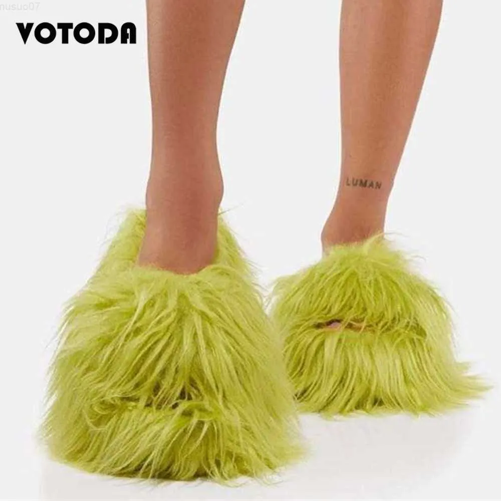 Slippers Women Winter Plush Slippers Flat Open Toe Faux Fur Slides Y2K Furry Mongolian Fur Flip Flops Home Warm Non-slip Ladies Shoes L230717