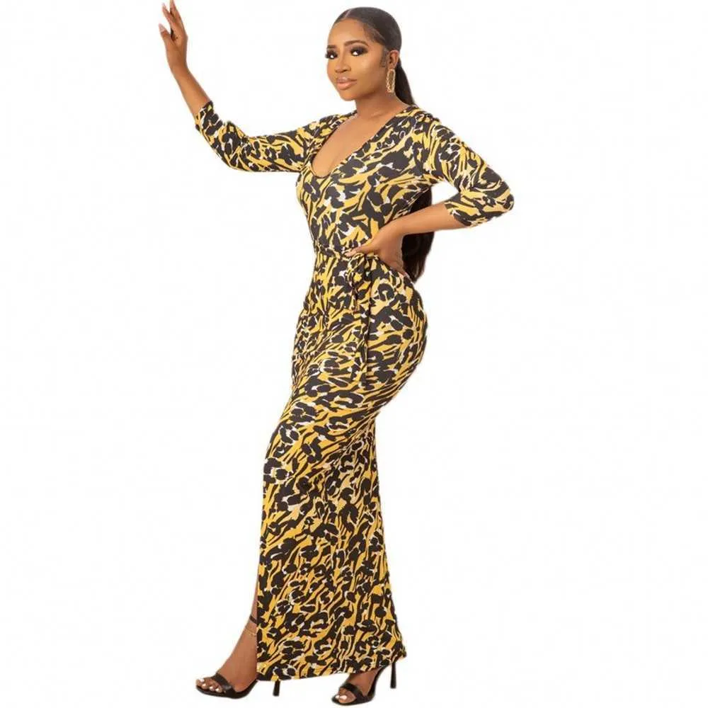 Casual Tight-fitting Yellow Printed Women Long Dress 3/4 Sleeve Bandage Bodycon Dresses Club Party Vestidos Robes Femme Fall