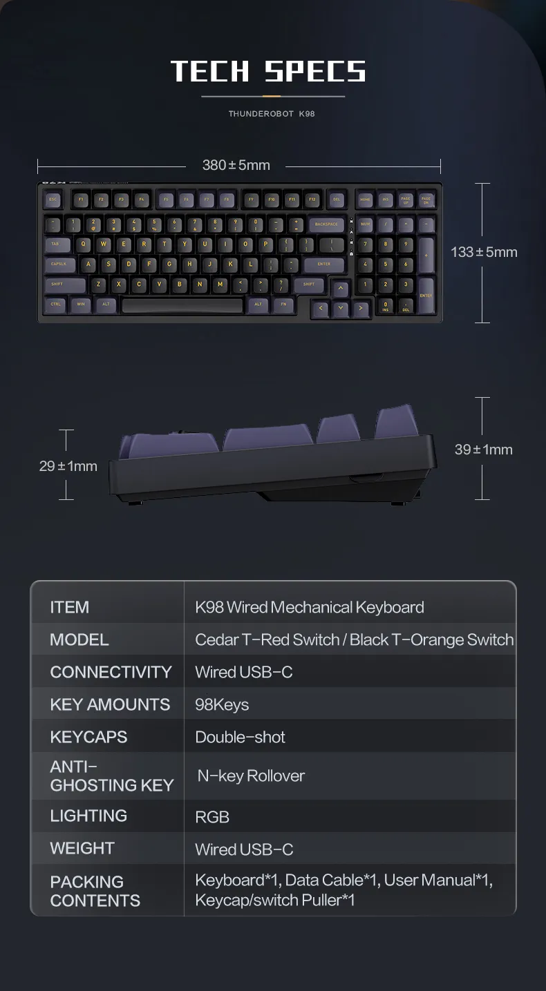 DHgate.com:Thunderobot K98 Mechanical Keyboard, 98 Keys RGB Swappable Red Switch Wired Gaming Keyboard for PC Laptop Win/Mac:Computers & Networking