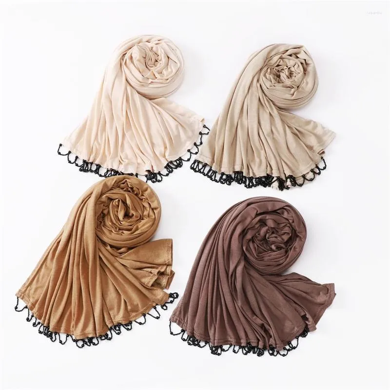 Sjaals Effen Kleur Katoenen Sjaal Hijab Hoofdband Vrouwelijke Hoofd Cover Wrap Voor Vrouwen Moslim Jersey Hijaabs Haar Met Handgemaakte Kralen