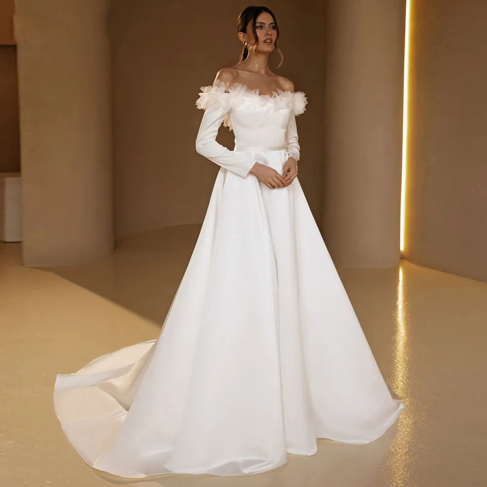 A-Line Off-Shoulder Wedding Dress Short Sleeves with Satin Ruffles and Train main image 0