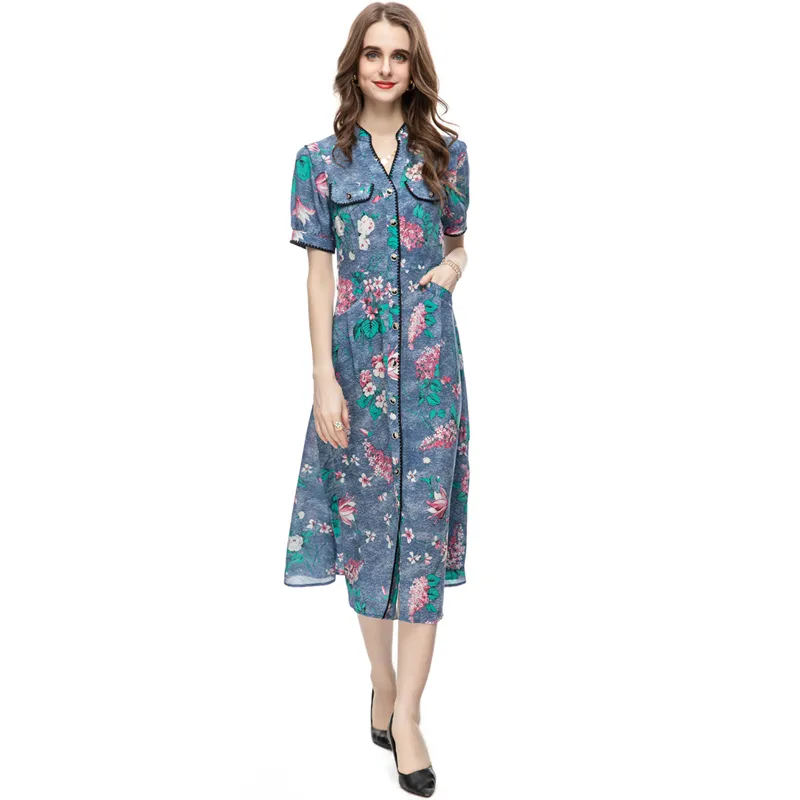 Runway-jurken voor dames V-hals Korte mouwen Gedrukt High Street Fashion Floral Mid Pencil Vestidos