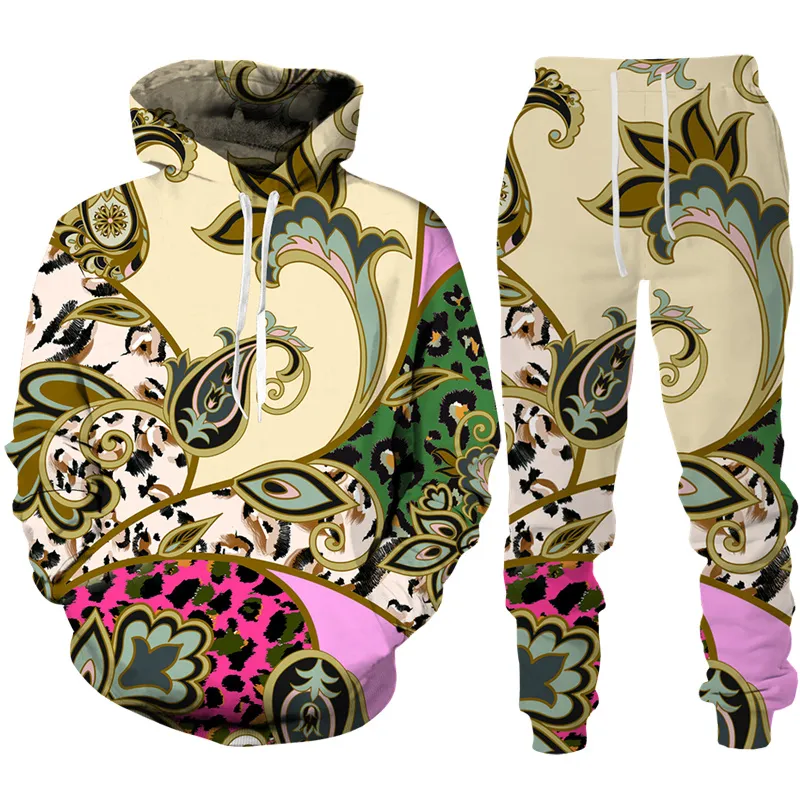 Uomini e donne stampati in 3D colorati fiori di anacardio abbigliamento casual felpa moda lupo felpe con cappuccio e pantaloni tuta da allenamento002