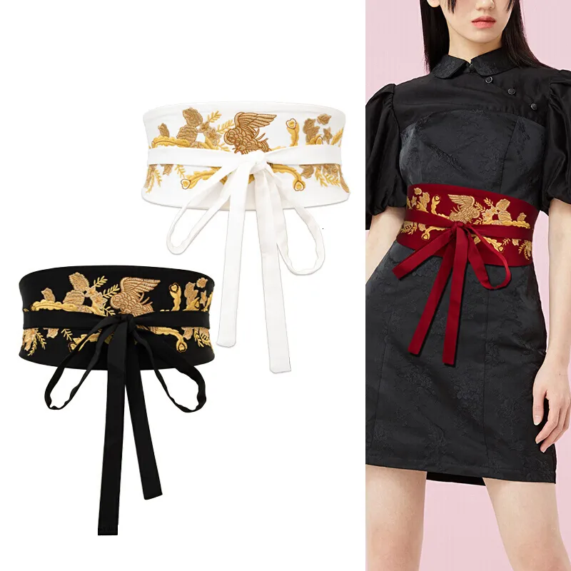 Belts Women's Embroidered Vintage Waist Wide Japanese Self Tie Wrap Around Obi Waist Band Cinch Boho Belt Fabric Dress Belts 230715