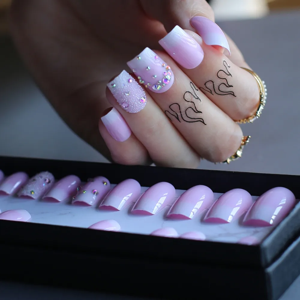 Uñas postizas Caja de regalo de diseño de uñas postizas medianas Ombre Uñas postizas Prensa de cristal en la caja de uñas Bebé rosa boomer rectang 230715