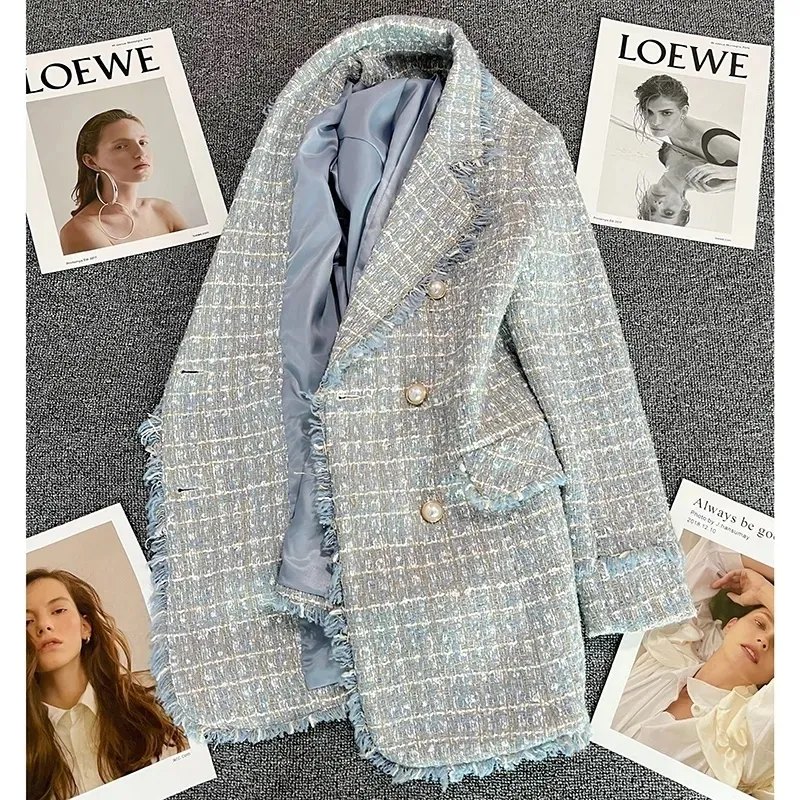 Blue Tweel Plus Size Cheap Womens Suit Jackets With Double