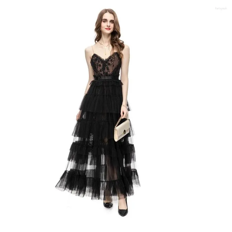 Casual Dresses Party Women's Clothing 2023 Summer Luxury Lace broderad V-ringning Slimming Black Gaze Sling Aftonklänning Lång S-XL