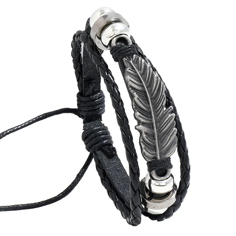 Vintage polsband armband lederen wrap strand armbanden handgemaakt voor mannen vrouwen verstelbaar zwart
