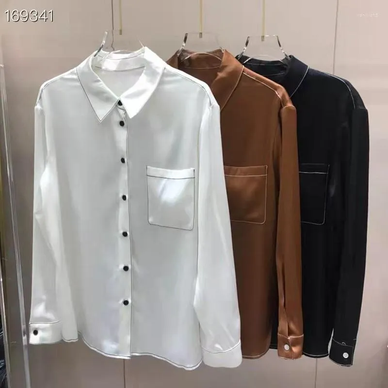 Blusas femininas de seda de alta qualidade 2023 estilo primavera verão mulheres cor bloco costura bolso no peito elegante branco marrom preto camisas OL