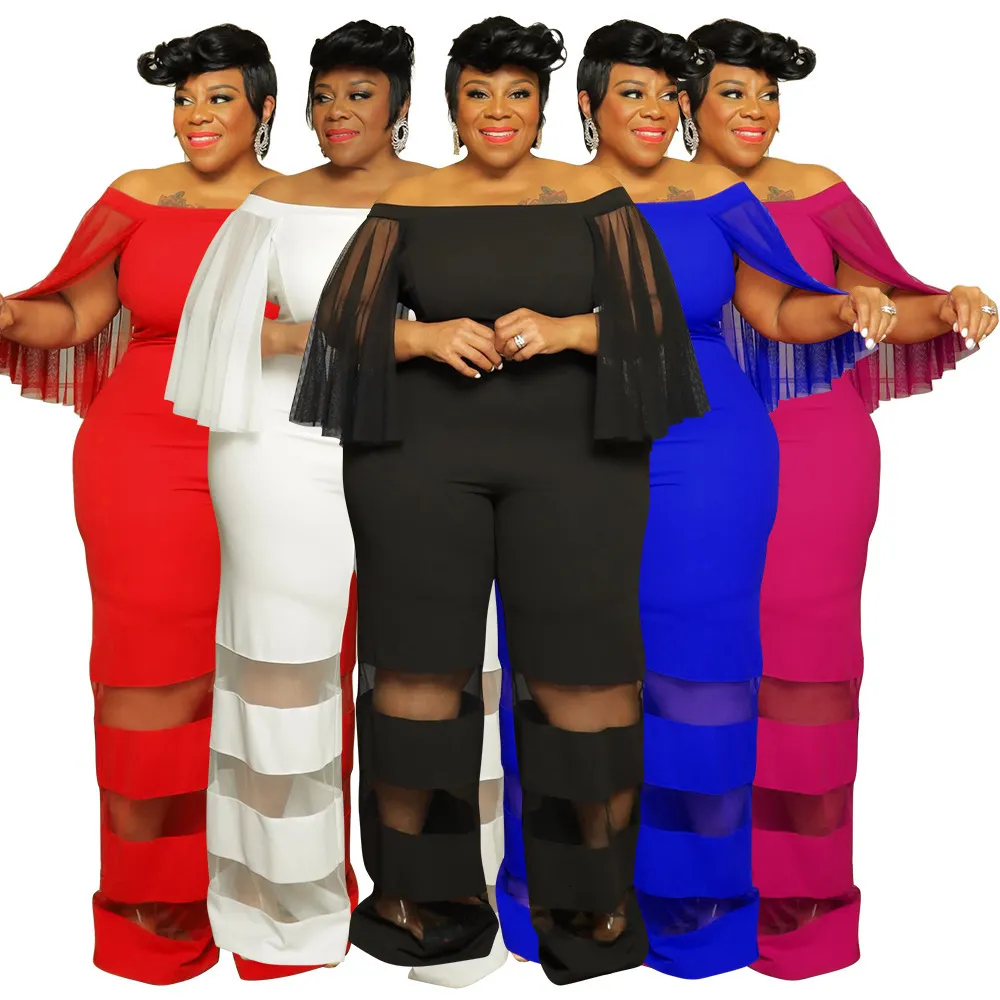 Women's Plus Size Jumpsuits Rompers Plus Size Women Jumpsuit Mesh Long Sleeves Slash Neck See Through Straight Pants Fashion Ladies Casual Rompers 230715