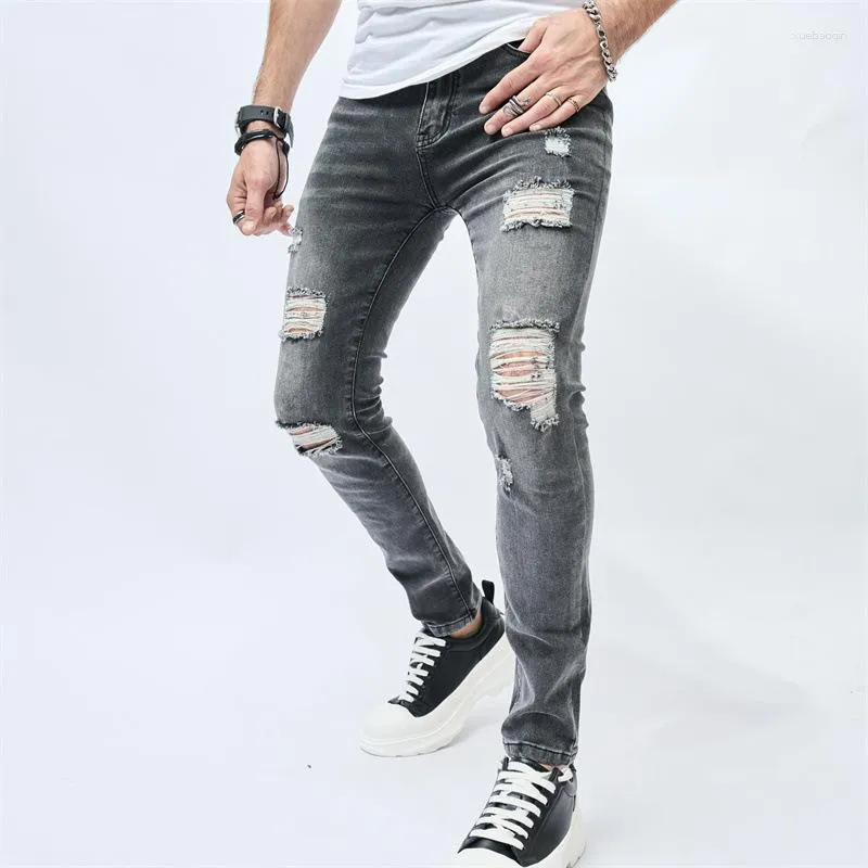 Jeans masculino 2023 com furos quebrados, elástico, casual, justo, com pés pequenos, coxas dobradas e
