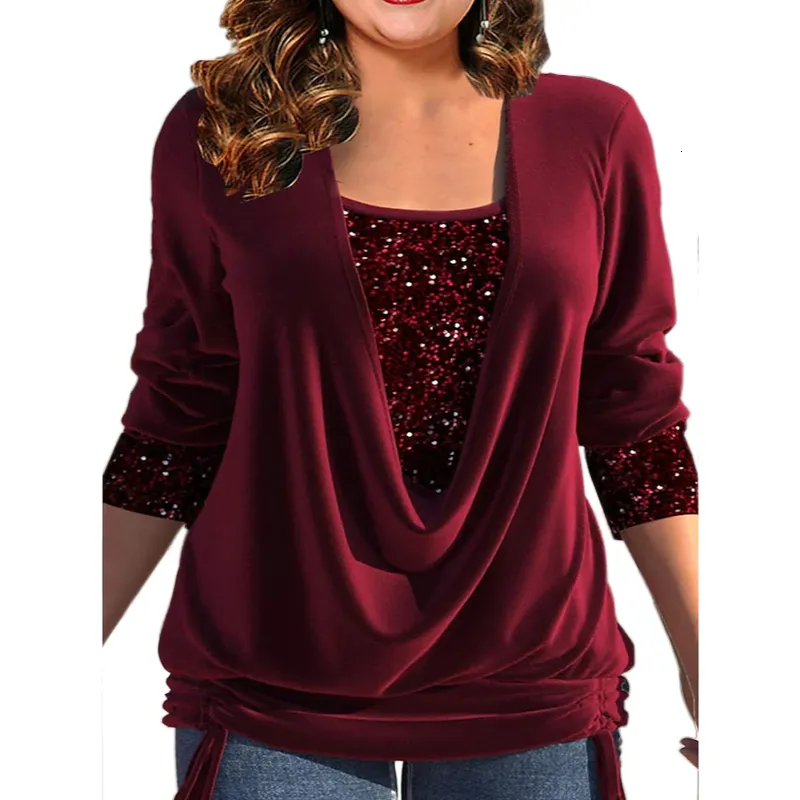 T-shirt taglie forti da donna T-shirt taglie forti con paillettes moda T-shirt in due pezzi falsi Donna Curvy increspato sciolto Ropa Mujer Chemises Et camicette Roupas Femininas 230717