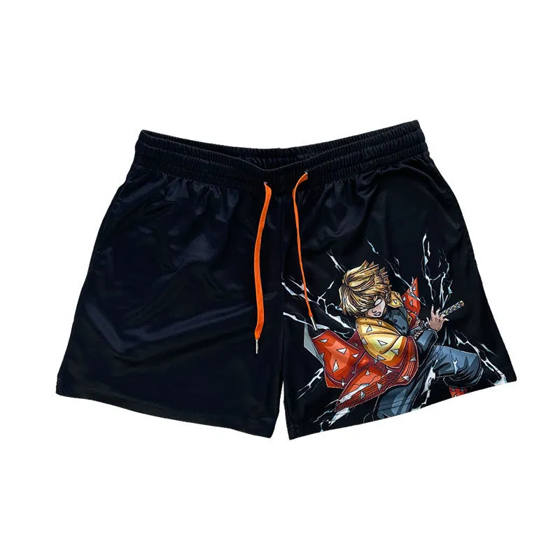 Herren-Shorts, Anime-Dämonen-Slayer-Shorts, klassisches Fitnessstudio, Basketball, Workout, Netz-Shorts, Sommer, lässige Zenitsu-Druck-Shorts, Sommer-Badeshorts 230715