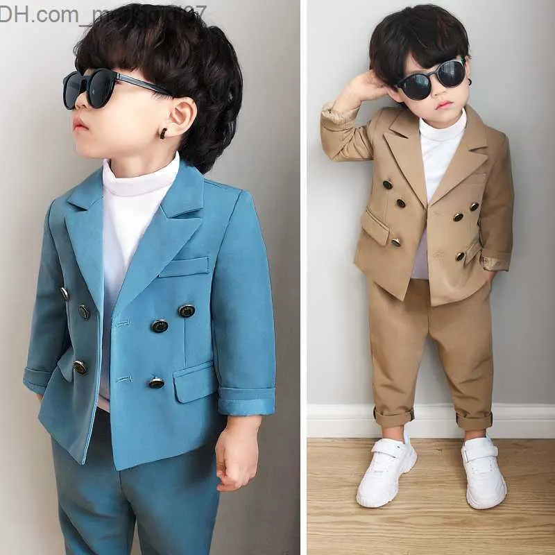 Clothing Sets Spring and Autumn Children's Double Chest Set Boys' Solid Color Jacket Pants 2-piece Clothing Set Children's Host Party Performance Clothing Z230717