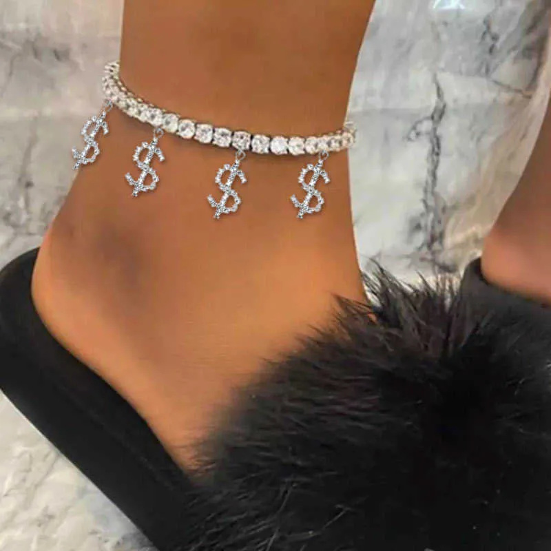 Bling Rhinestone Novelty Dollar Sign Pendant Anklet Women Gold Silver Color Crystal Tennis Chain Anklets Beach Barefoot Jewelry 230719