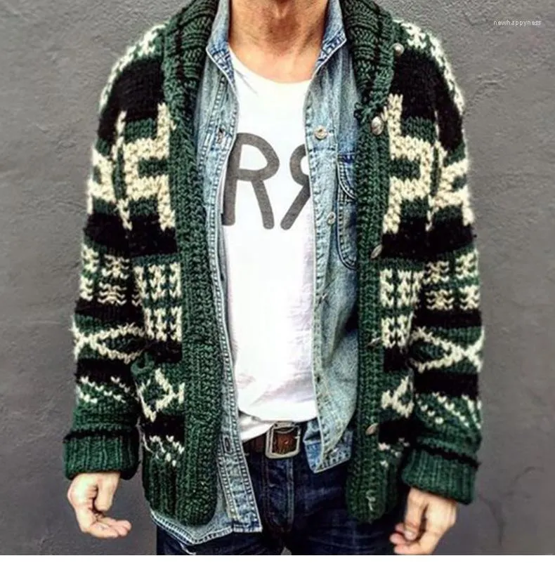 Męskie swetry zimowe długie rękaw jesienne lapy dzianina swobodne luźne kurtki vintage geometryczny wzór Jacquard Sweater Coats