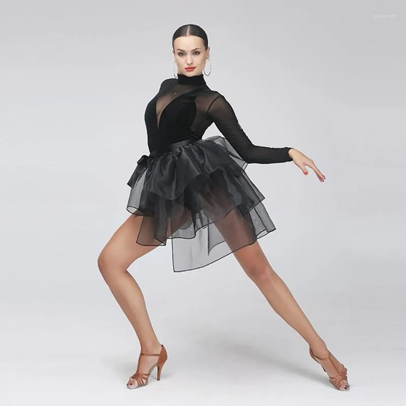 Sahne Giyim Siyah Latin Dans Elbisesi Kadın Salsa Flamenko Balo Salonu Etek Kostüm