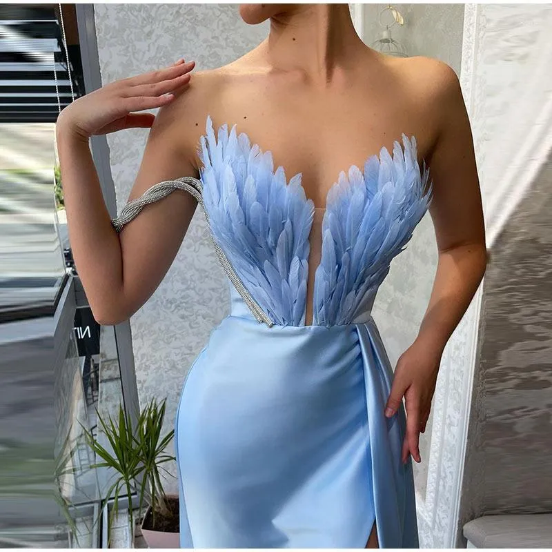 Lässige Kleider Sexy Schulterfrei Feder Lange Frauen Kragen Großer Saum Schlitz Kleid Mode Dame Party Club Abend Hochzeit Longuette